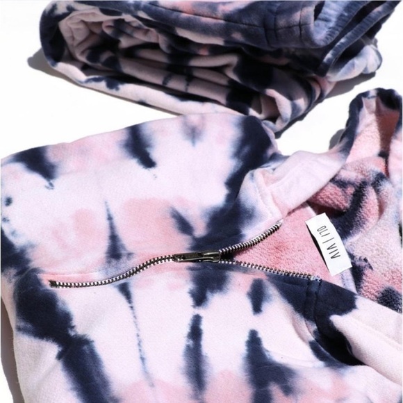NWT OLI VIV Corey Tie Dye Quarter Zip Crop Hoodie Mauve Navy Cotton Loungewear L - Picture 5 of 15